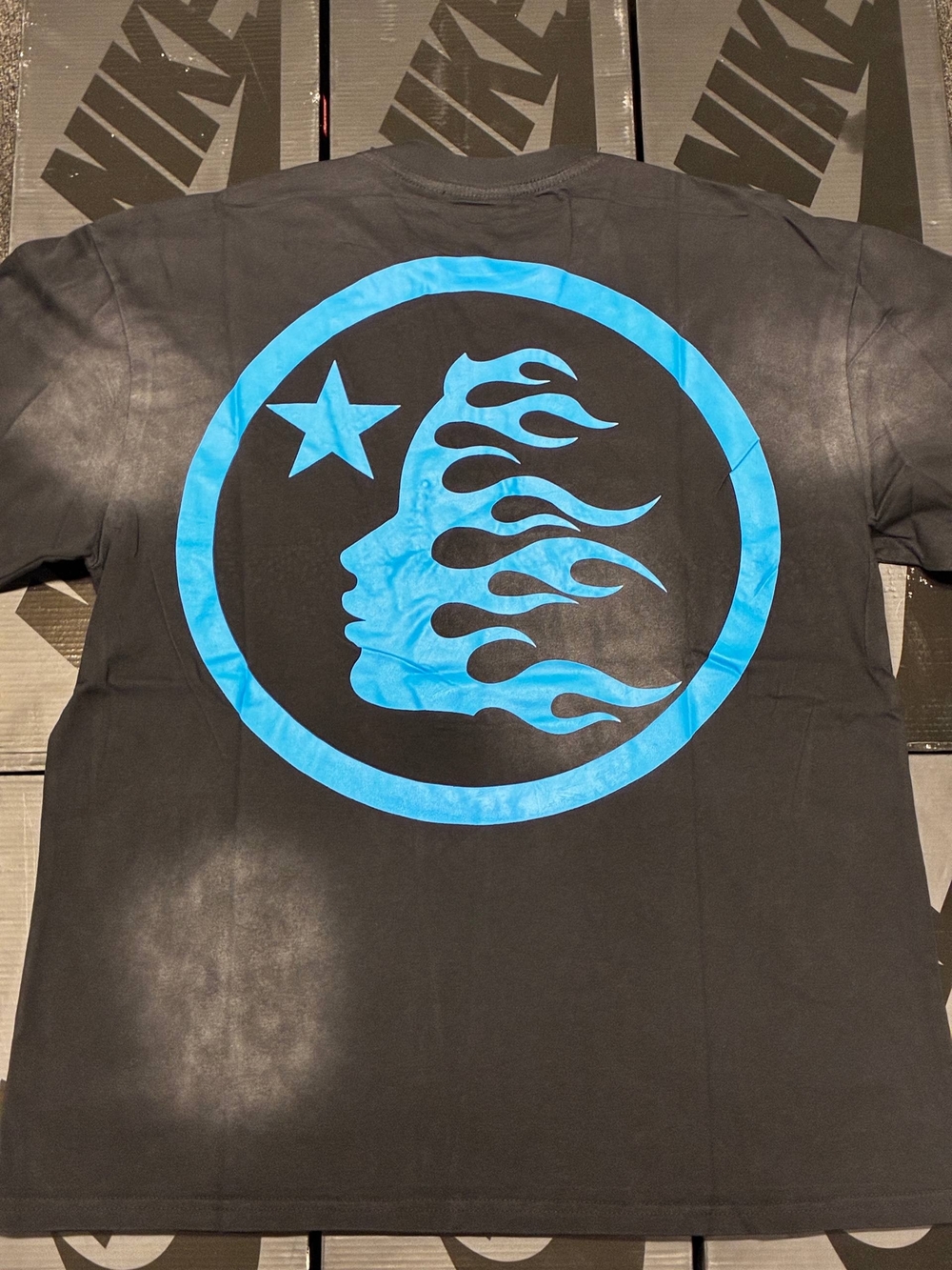 Men's Black T-Shirt with Blue Flame Profile Graphic